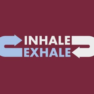 The Justrite Mat, 195 Inhale Exhale 4X6 Rd features a maroon background with INHALE in white and a left arrow, and EXHALE in blue with a right arrow, mirroring the soothing rhythm of breath as you unwind.