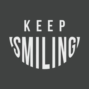 On a dark background, KEEP SMILING appears with SMILING forming an upward curve like a smile, mirroring the uplifting charm of our Justrite Mat, 195 Keep Smiling 3X5 Ch, designed to brighten any space.