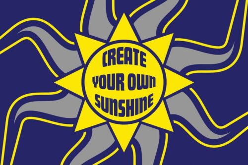 The Justrite Mat, featuring a stylized sun with gray and blue wavy rays on a dark blue background, showcases a yellow center with CREATE YOUR OWN SUNSHINE in bold blue letters, embodying the essence of the 195 Create Sunshine 4X6 Bu collection.