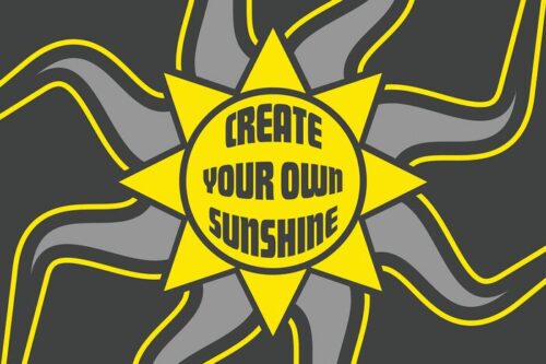 The Justrite Mat, 195 Create Sunshine 4X6 Ch design features a yellow sun with wavy rays on a dark background and bold retro-style text Create Your Own Sunshine, bringing warmth and inspiration to any space.
