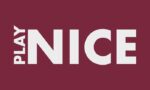 On a maroon background, the text PLAY NICE appears in bold, uppercase white letters. PLAY is displayed vertically next to NICE, similar to the Justrite Mat, 195 Play Nice 3X5 Rd design.