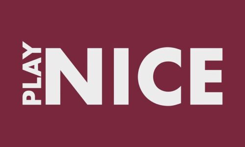 On a maroon background, the text PLAY NICE appears in bold, uppercase white letters. PLAY is displayed vertically next to NICE, similar to the Justrite Mat, 195 Play Nice 3X5 Rd design.