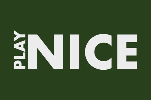 The image features PLAY NICE in bold, light-colored capitals on a dark green background similar to a Justrite Mat. PLAY is intriguingly vertical on the left, echoing the 195 Play Nice 4X6 Gn style.