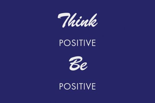 The Justrite Mat,195 Think Be Postve features white text on a dark blue background reading Think Positive Be Positive, with Think and Be in script font and Positive in sans-serif.