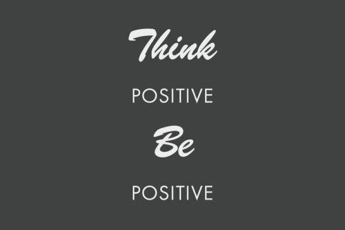 The text Think Positive Be Positive is displayed on a dark background, featuring Think and Be in cursive. Below, the plain uppercase lettering reads: Justrite Mat, 195 Think Be Postve 4X6 Ch.