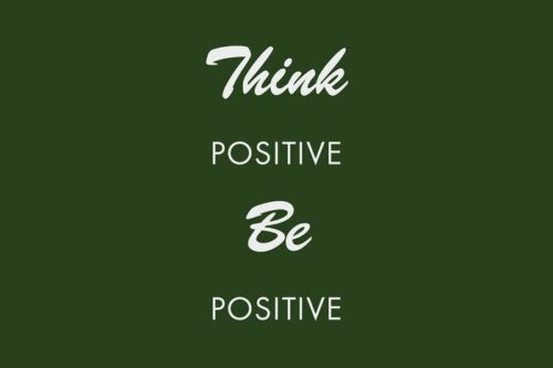 The Justrite Mat, model 195, features the phrase Think Positive Be Positive in white text on a dark green background, with Think and Be in cursive and Positive in bold block letters.