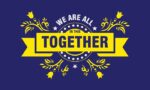 Yellow text on a blue background reads, We are all in this together, echoing the unity theme of the Justrite Mat, 195In This Together 3X5 Bu, adorned with decorative yellow floral patterns.
