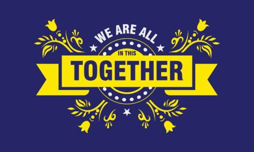 Yellow text on a blue background reads, We are all in this together, echoing the unity theme of the Justrite Mat, 195In This Together 3X5 Bu, adorned with decorative yellow floral patterns.