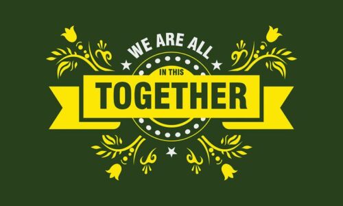 The Justrite Mat, 195In This Together 3X5 Gn, is set on a green background with yellow floral designs and features We are all in this together in bold yellow and white letters, surrounded by stars and elegant decorative elements.