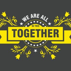 The image displays We Are All in This Together in bold yellow on a dark backdrop with floral elements and stars, reminiscent of the Justrite Mat, 195 In This Together 4X6 Ch design.