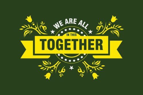 The Justrite Mat, 195 In This Together 4X6 Gn, features a green background adorned with decorative yellow elements and stars around the bold yellow central text: We are all in this together.