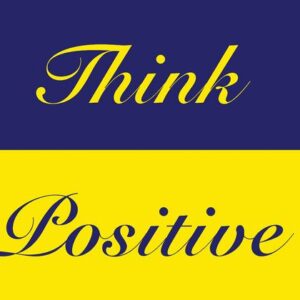 This vibrant image showcases a split background: the top half is blue with Think in yellow script, and the bottom is yellow with Positive in blue, echoing the Justrite Mats uplifting design from the 195 Think Positive 3X5 Bu collection.