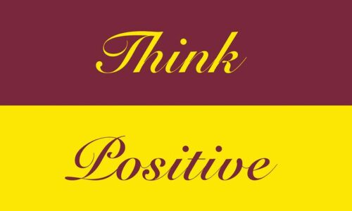 The image features Think Positive in cursive, with Think on a maroon top half in vibrant yellow and Positive on a sunlit yellow bottom in rich maroon, reminiscent of the uplifting Justrite Mat 195 Think Positive 3X5 Rd design.