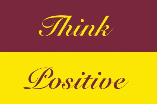A text graphic is divided: the top half features Think in yellow cursive on maroon, and the bottom half displays Positive in maroon cursive, inspired by the 195 Think Positive 4X6 Rd Justrite Mat aesthetic.