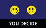 Two yellow smiley faces on a dark blue background: one smiling on the left, one frowning on the right. Below them, a black rectangle with 195 You Decide 3X5 Bu in white text. Product: Justrite Mat.