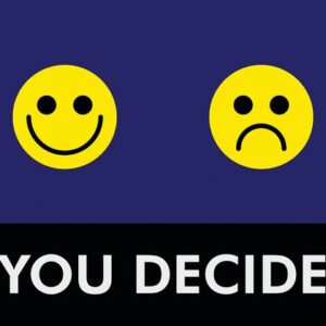 Two yellow smiley faces on a dark blue background: one smiling on the left, one frowning on the right. Below them, a black rectangle with 195 You Decide 3X5 Bu in white text. Product: Justrite Mat.