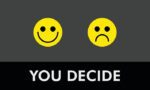Two yellow smiley faces—one smiling, one frowning—decorate a dark gray Justrite Mat. Below them, white capital letters on black display: 195 You Decide 3X5 Ch.