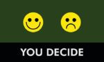 Two yellow smiley faces, one cheerful and one frowning, are featured on a vibrant Justrite Mat background with YOU DECIDE in white text below, adding a playful twist to this 195 You Decide 3X5 Gn design.