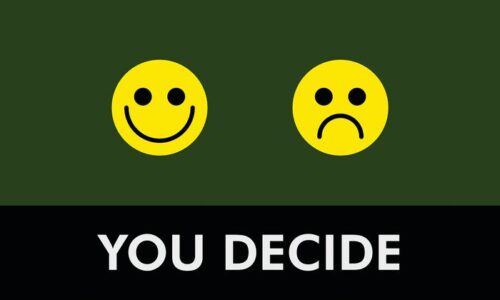 Two yellow smiley faces, one cheerful and one frowning, are featured on a vibrant Justrite Mat background with YOU DECIDE in white text below, adding a playful twist to this 195 You Decide 3X5 Gn design.