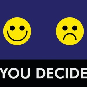 Two yellow emoticons on a dark blue backdrop: a smiling one on the left and a frowning one on the right. Below them, white text reads YOU DECIDE on a black Justrite Mat,195 You Decide 4X6 Bu.