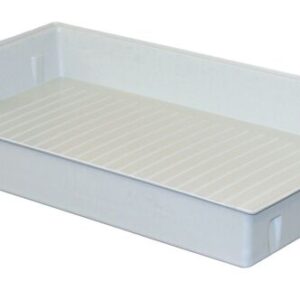 The Justrite Traytop Poly, En30/90, 30 Gal displays a sleek rectangular design with slightly raised sides and a textured, ribbed bottom surface. This gray plastic tray sits empty on a plain background, showcasing its practical design.