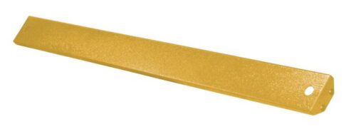A narrow yellow metal bracket, similar to the Justrite Base Cover, En90, 30Gal, 35W, Yel. It features a triangular cross-section with one rounded end and a hole for mounting.