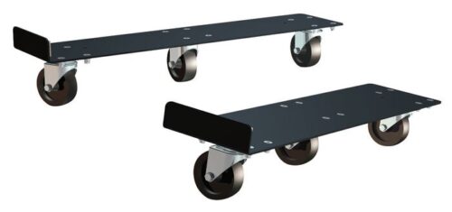 Two black rectangular metal dolly platforms with wheels: one with two wheels, one with four, ideal for moving heavy objects like the Justrite Cabinet Mover, En30/90, 30/45Gal containers, against a plain white background.