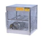 The Justrite Cylinder Locker, 4 Horizontal, is a sturdy metal cage with diamond-patterned mesh and 4 shelves for safe storage of flammable materials, featuring a prominent Flammable Keep Fire Away warning sign.
