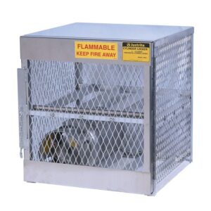 The Justrite Cylinder Locker, 4 Horizontal, is a sturdy metal cage with diamond-patterned mesh and 4 shelves for safe storage of flammable materials, featuring a prominent Flammable Keep Fire Away warning sign.