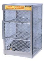 The Justrite Cylinder Locker, 6 Horizontal, is a metal storage cage labeled Empty Cylinders and Flammable Keep Fire Away. It features a mesh design with six shelves for the safe and organized storage of gas cylinders.