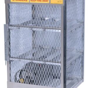 The Justrite Cylinder Locker, 6 Horizontal, is a metal storage cage labeled Empty Cylinders and Flammable Keep Fire Away. It features a mesh design with six shelves for the safe and organized storage of gas cylinders.