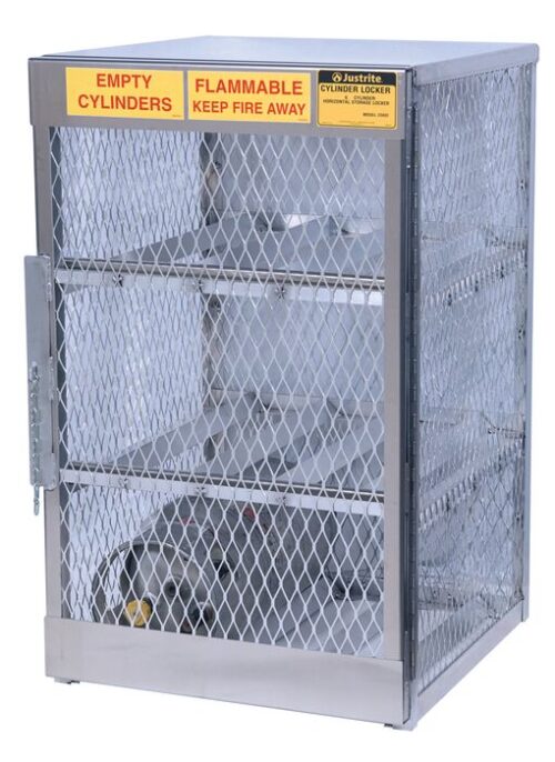 The Justrite Cylinder Locker, 6 Horizontal, is a metal storage cage labeled Empty Cylinders and Flammable Keep Fire Away. It features a mesh design with six shelves for the safe and organized storage of gas cylinders.