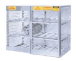 The Justrite Cylinder Locker, 12 Horizontal, is a metal storage cage with mesh wire doors, designated sections for Empty Cylinders, No Smoking, and Flammable Keep Fire Away, and multiple shelves to safely organize up to 12 items horizontally.