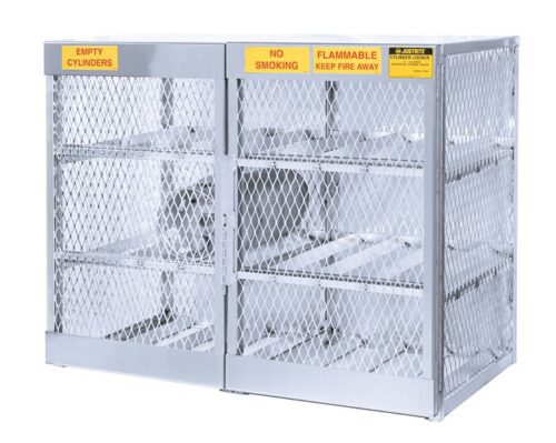 The Justrite Cylinder Locker, 12 Horizontal, is a metal storage cage with mesh wire doors, designated sections for Empty Cylinders, No Smoking, and Flammable Keep Fire Away, and multiple shelves to safely organize up to 12 items horizontally.