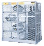 The Justrite Cylinder Locker, Combo 8H/10V, securely stores large gas cylinders with mesh doors and safety signs reading Full Cylinders, Flammable Keep Fire Away, and Warning, ensuring secure storage of hazardous materials.