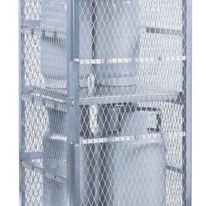 The Justrite Cylinder Locker, 8 Vertical, secures eight propane cylinders using diamond-patterned mesh. A warning sign on top reads FLAMMABLE KEEP FIRE AWAY,” ensuring safe storage of hazardous materials.