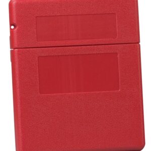 Red plastic case with a design similar to the Justrite Doc Box, Med Fliptop. It features two rectangular indentations on the front, a slightly smaller embossed top section as a lid, and a textured surface. A small hole in the top left corner allows for secure hanging.