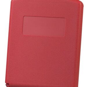 This Justrite Doc Box, resembling a red plastic clipboard, has a textured surface and a rectangular cover. Black clip mechanisms on the top edge secure papers, and a small top hole allows for easy hanging.
