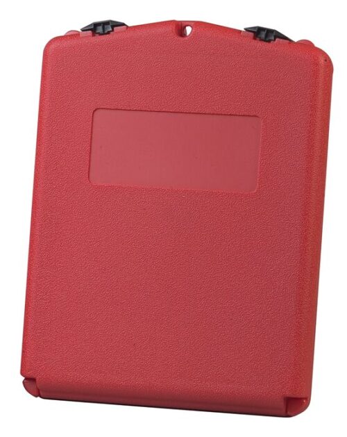 This Justrite Doc Box, resembling a red plastic clipboard, has a textured surface and a rectangular cover. Black clip mechanisms on the top edge secure papers, and a small top hole allows for easy hanging.