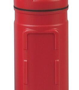 This red insulated thermos, similar to the Justrite Doc Box Tube With Lid, Cs/20, features a practical design with a screw-on lid, grip-enhancing ridges, and a sleek black line beneath the cap.