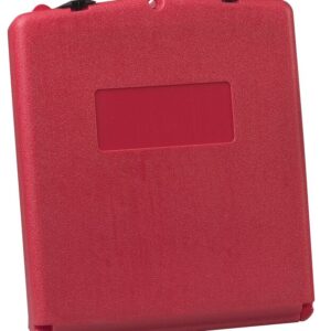 A red, rectangular Justrite Doc Box, Large Front Open (Cs/10), with a blank center label area and two black top latches, stands upright against a white background.