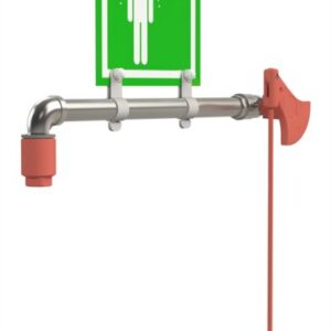 The Justrite H emergency shower station features a green and white sign with a red showerhead icon and first aid symbol. Its metal pipe structure has a red pull lever, labeled Shwr, for rapid response in emergencies. Product: Justrite H, Shwr, Rng Mn Mnt W/O Plt, Ss.