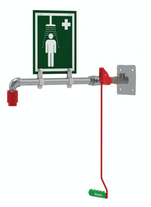 The Justrite H Wall Mnt emergency shower includes a green pull handle labeled Shower. Above it, a green sign with a white silhouette of a person under a showerhead indicates the facility.