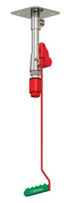 Ceiling-mounted emergency Justrite H shower with a stainless steel pipe, red activator, and green pull handle labeled Shower, designed for reliable use in emergencies.