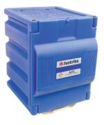 The Justrite Cabinet, Acid, Poly, Ctop in Blu features ridged sides and a labeled front for hazardous materials, expertly crafted to ensure safety and secure storage.
