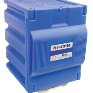 The Justrite Cabinet, Acid, Poly, Ctop in Blu features ridged sides and a labeled front for hazardous materials, expertly crafted to ensure safety and secure storage.