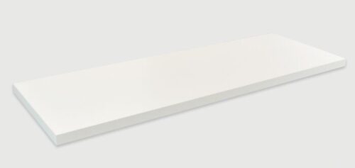 A Justrite Shelf, Wood With Clips F/24150, is depicted in sleek white from a slightly elevated angle against a light gray background.