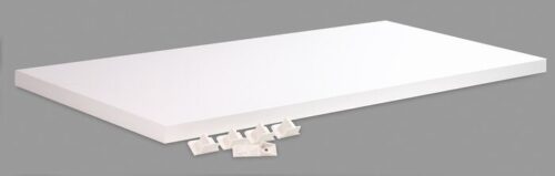 The Justrite Shelf, Wood With Clips F/24140, in pristine white, elegantly stands out against a gray background. Below it are five bracket mounts displaying the essential mounting hardware for seamless installation.