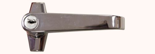 The Justrite L Handle Only, showcased against a plain backdrop, features a sleek design with an integrated lock. A keyhole on the left side enhances its functional elegance.