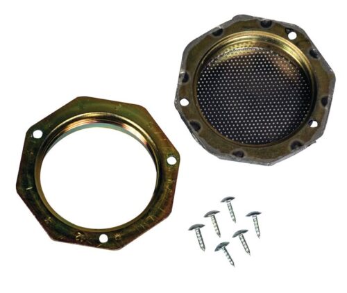 Two metallic circular items, similar to Justrite Vent Adaptor Assy W/O Plug, are displayed: one with a mesh surface, the other open-centered with bolt holes. Six small screws are neatly arranged below them on a clean white background.